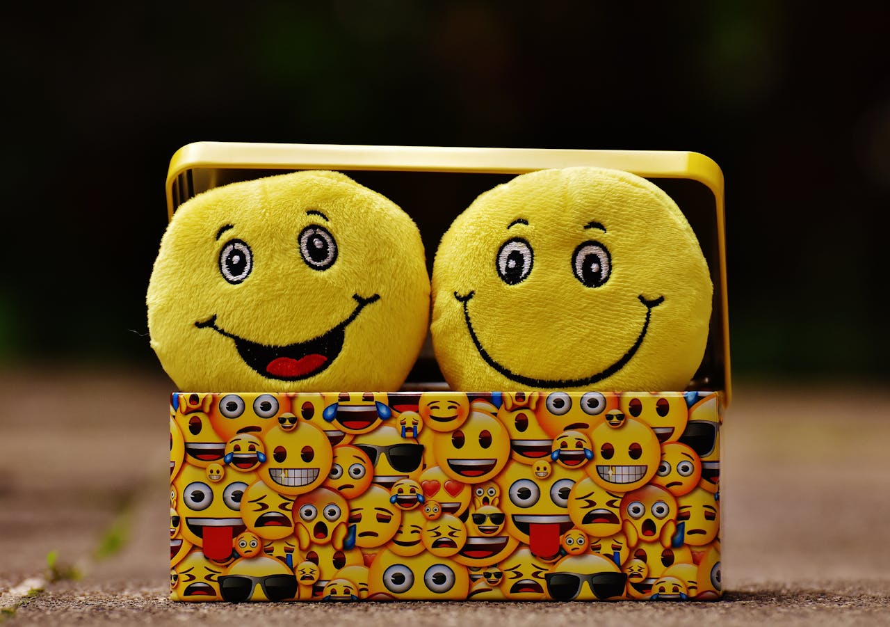 our-mission Two yellow smiley plush toys in an emoji-themed box, expressing fun and happiness.